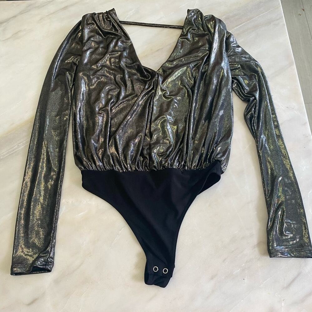 Express Silver Asymmetrical Long Sleeve Bodysuit holiday new years XXS